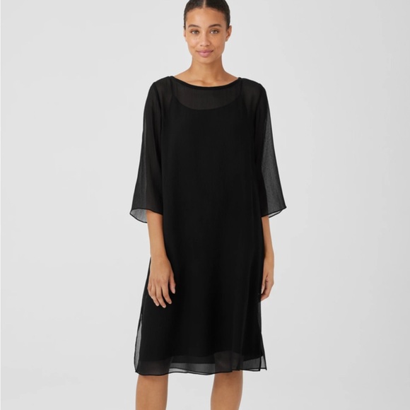 Eileen Fisher Dresses & Skirts - Eileen Fisher Crinkled Sheer Silk Bateau Neck Dress Size M